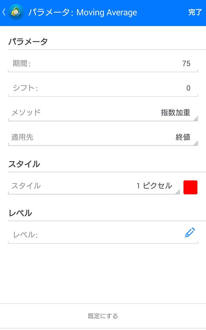 Android用MT4アプリのインディケーター設定画面