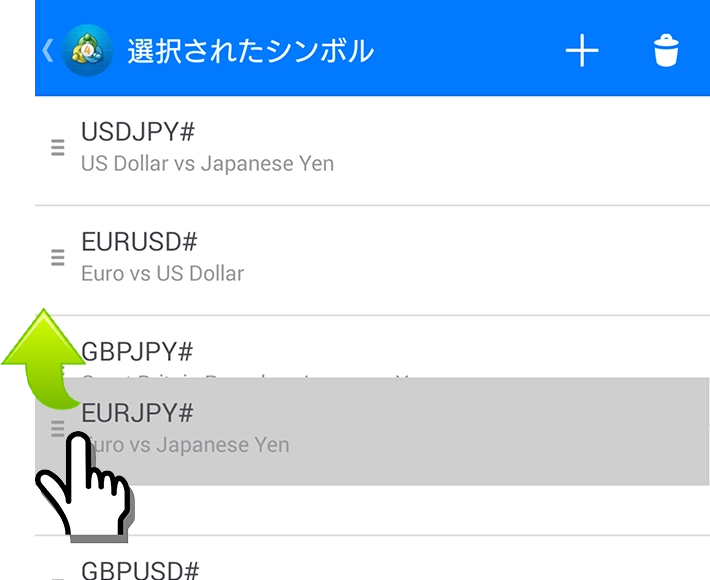 Android用MT4アプリの通貨ペア並び替え画面