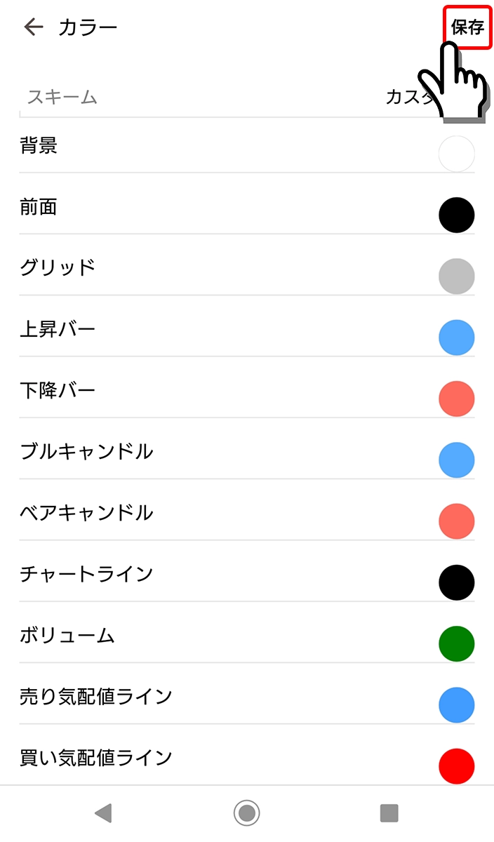 Android用MT5アプリの配色設定画面