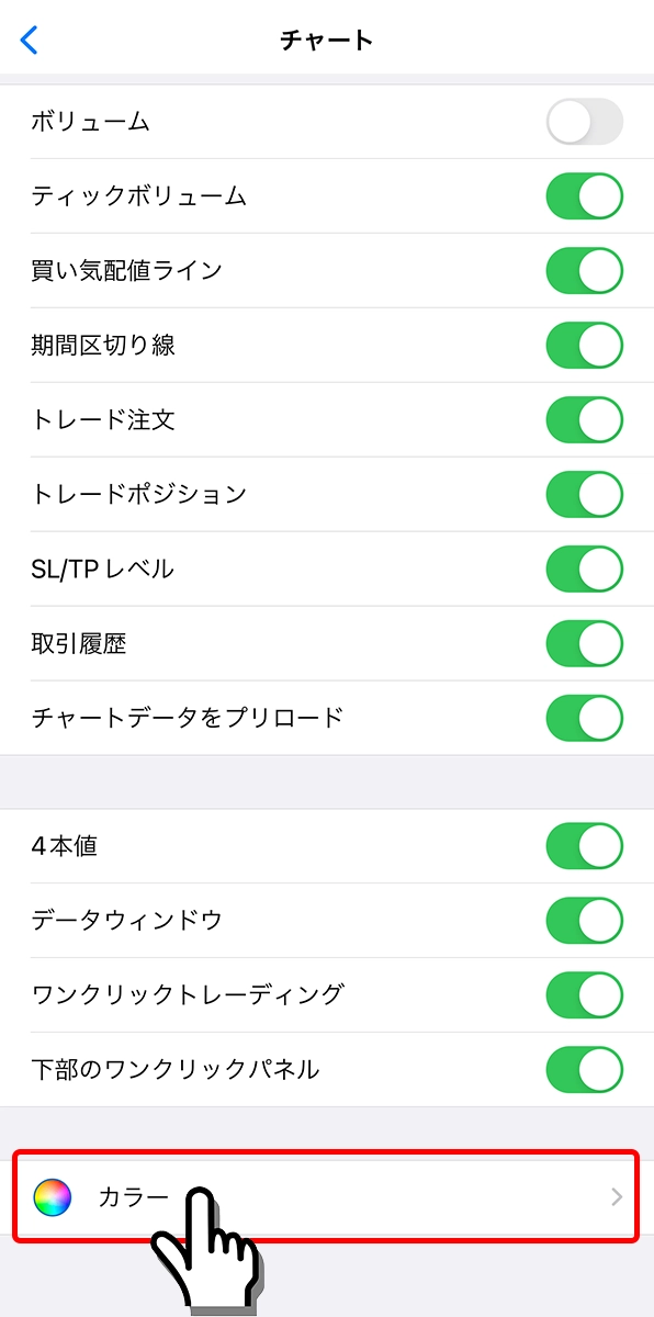 iPhone用MT5アプリのチャート配色画面へアクセス