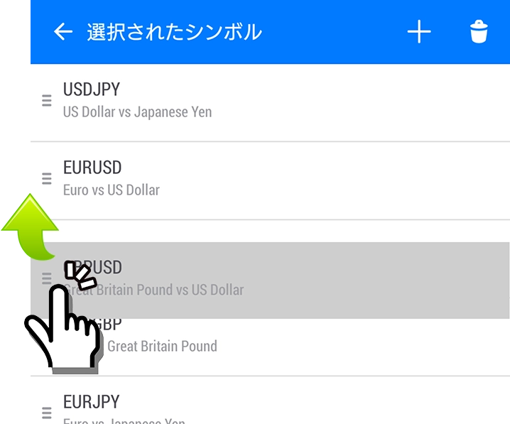 Android用MT5アプリの通貨ペア並び替え画面